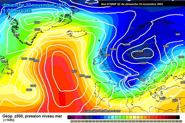 ECM pressure chart via Meteociel - Weather to Ski - Today in the Alps, 15 November 2015