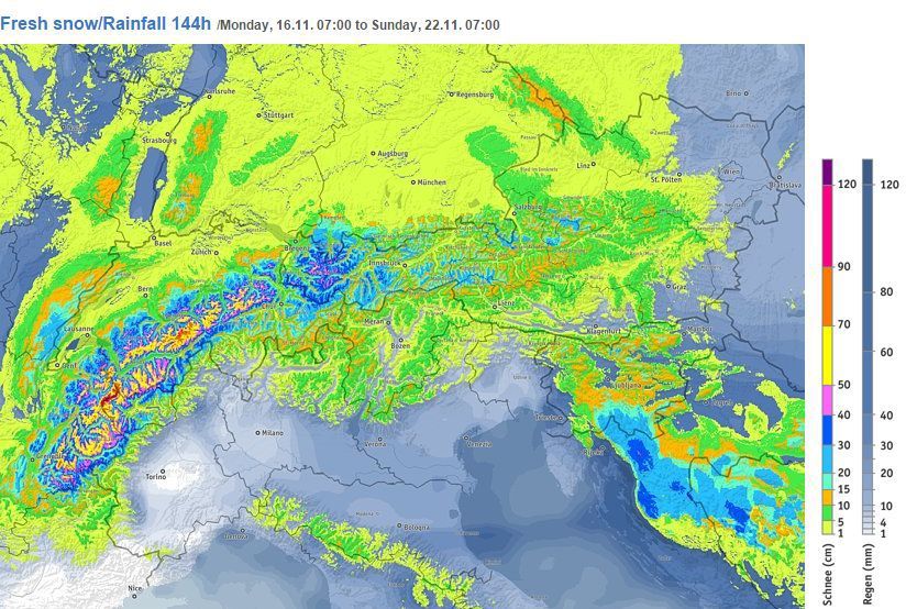 Chart showing estimated snowfall in the Alps via Bergfex.com - Weather to ski - 16 November 2015