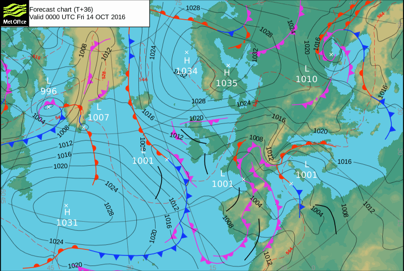 Met Office chart – Weather to ski – Today in the Alps, 13 October 2016