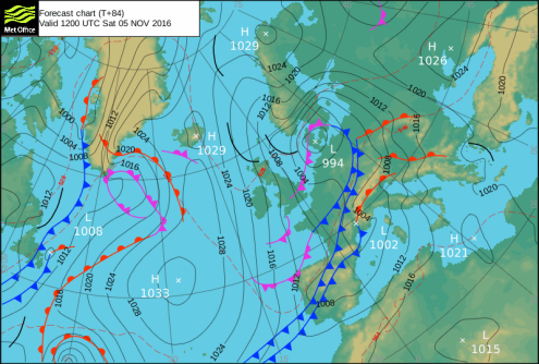 Met Office pressure chart – Weather to ski – Today in the Alps, 2 November 2016