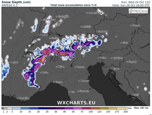 WXcharts chart showing accumulated snowfall forecast between 24 and 28 October 2018 – Weather to ski – Today in the Alps, 25 October 2018