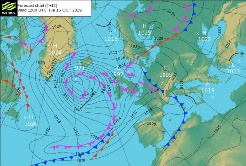 Met Office pressure chart for 12pm on 15 October 2019, showing weather fronts draped across the western Alps – Weather to ski – Today in the Alps, 15 October 2019