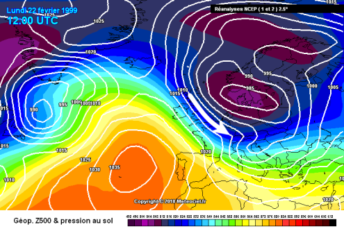 Meteociel chart from 22 February 1999 – Weather to ski – Complete guide to snowfall patterns in the French Alps