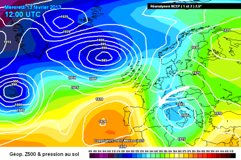 Meteociel chart from 13 February 2013 – Weather to ski – Complete guide to snowfall patterns in the French Alps