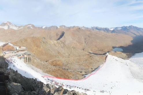 Sparse snow cover in Val Senales, with bare mountains around the 1km open ski slope, on 1 October 2026