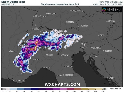 Chart showing accumulated (high altitude) snow forecast between 1 and 4 October 2020 – Weather to ski – Today in the Alps, 1 October 2020