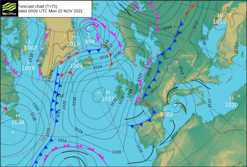 Met Office chart for midnight on Sunday 21 November showing a small area of low-pressure forming in the Mediterranean as a weak cold front starts to approach the Alps from the north – Weather to ski – Snow forecast, 19 November 2021