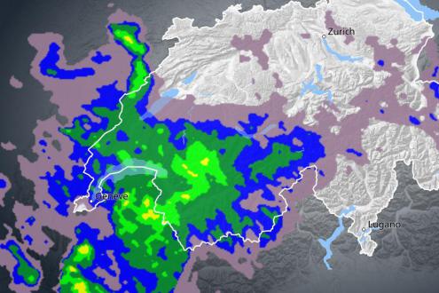 Meteo Suisse radar snapshot from early on 23 December 2022 showing the heaviest precipitation falling across the northern French and western Swiss Alps – Weather to ski – Today in the Alps, 23 December 2022