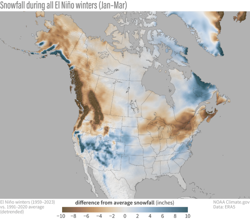 NOAA map of North America showing areas of above- and below-average snowfall during January–March in historical El Niño years