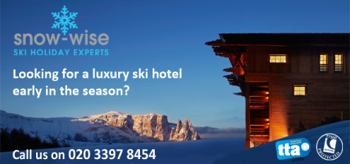 Looking for a luxury ski hotel early in the season? Call Snow-wise on 020 3397 8454. TTA and ATOL protected ski holidays. Advert. Image of ski hotel and panoramic mountain scenery.