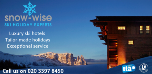 Looking for a luxury ski hotel early in the season? Call Snow-wise on 020 3397 8454. TTA and ATOL protected ski holidays. Advert. Image of ski hotel and panoramic mountain scenery.