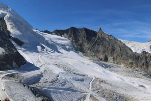 Poor snow conditions on the ski slopes on the Saas-Fee glacier, Switzerland, on 29 September 2026