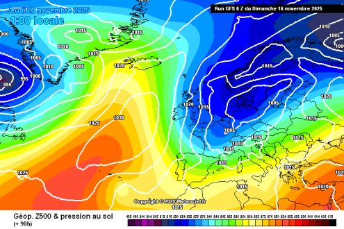 Meteociel.fr GFS surface pressure chart for Europe on Thursday 20 November 2025 showing that very cold and unstable air will have flooded right across the Alps – Weather to ski – Today in the Alps, 16 November 2025