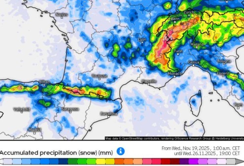Kachelmannwetter chart showing predicted snowfall accumulations across the Alps between 19 and 26 November 2025 – Weather to ski – Snow forecast 19 November 2025