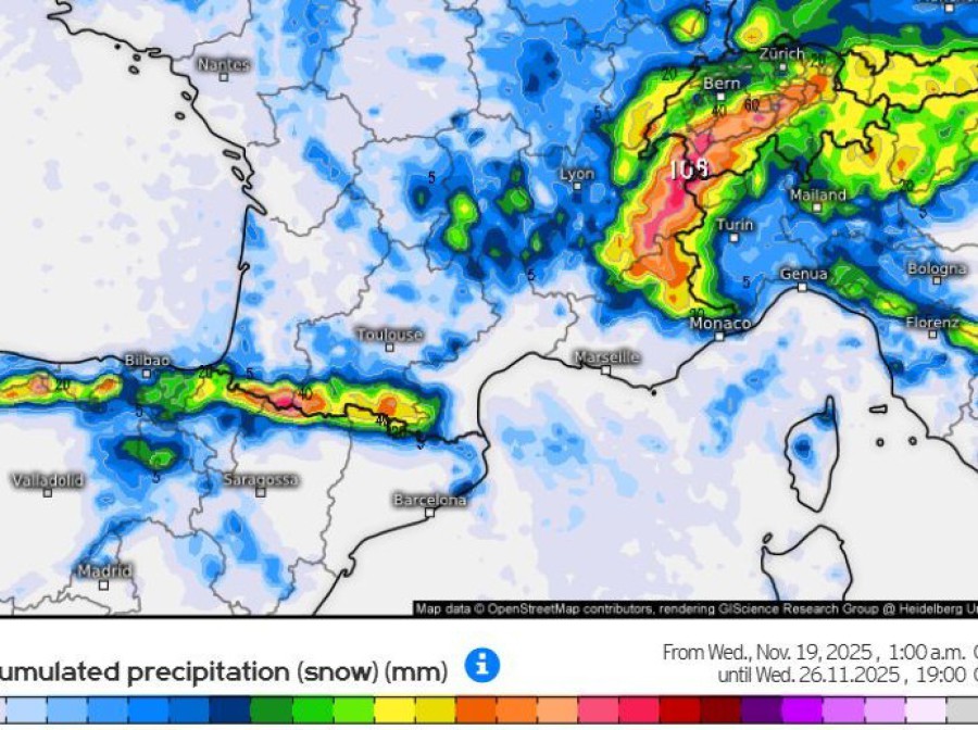 Kachelmannwetter chart showing predicted snowfall accumulations across the Alps between 19 and 26 November 2025 – Click to view our latest weather & snow forecast.