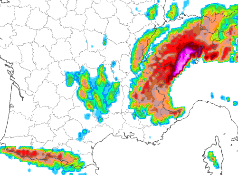 Meteociel chart showing predicted snowfall accumulations by the morning of 15 March 2026, with the brighter purple/pink colours showing the greatest falls – Link to Weather to ski's full Weather & Snow Forecast, 13 March 2026