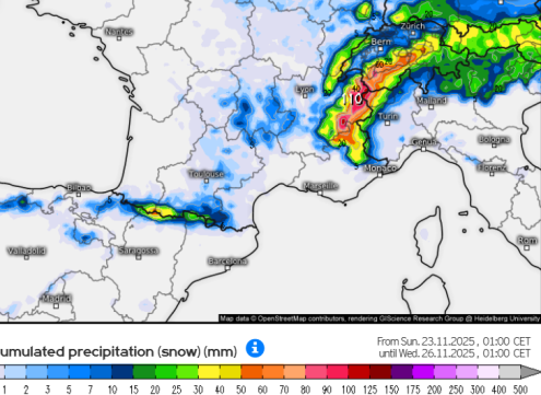 Kachlelmannwetter chart showing expected snowfall accumulations across the Alps between today and Wednesday 26 November 2025 – Weather to ski – Today in the Alps, 23 November 2025