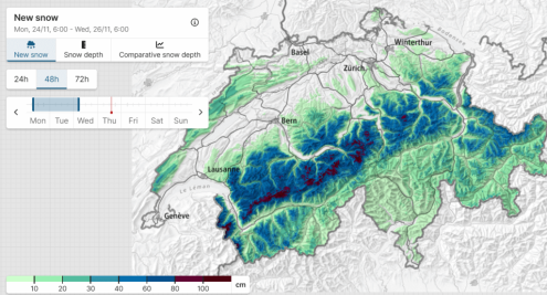 SLF chart showing in darker purples the areas of the Alps which saw the most from this week’s storm in the Alps – Weather to ski – Snow report, 27 November 2025