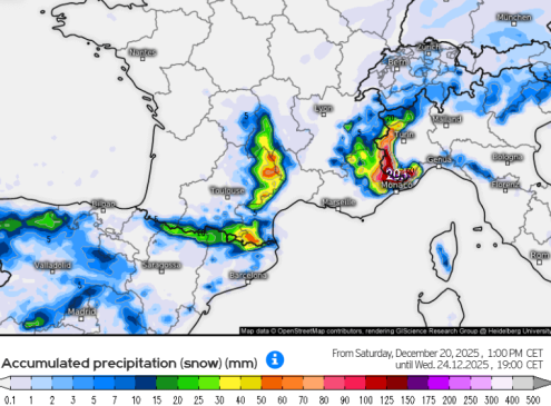 Kachelmannwetter model showing accumulated precipitation between 20 and 24 December 2025 – Weather to ski – Snow forecast, 20 December 2025