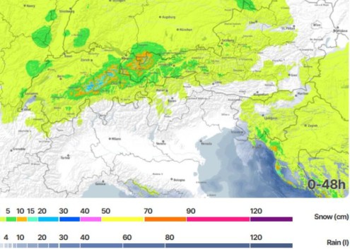 Bergfex chart showing predicted snowfall over the next 48hrs, showing the highest accumulations (of around 15cm) between the central northern Swiss and far western Austrian Alps – Weather to ski – Today in the Alps, 2 January 2026
