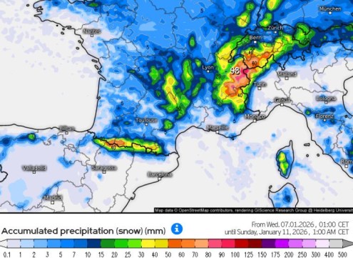 Kachelmannwetter model showing snowfall accumulations between Wednesday 7 and Sunday 11 January 2026 – Weather to ski – Today in the Alps, 7 January 2026