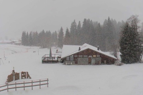 Snow falling on the slopes and chalet-style buildings in Les Gets, France – Weather to ski – Today in the Alps, 8 January 2026