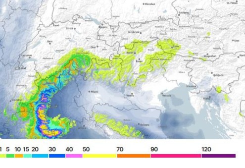 Bergfex chart showing predicted snowfall accumulations between Friday 16 and Monday 19 Janary 2026 – Link to Weather to ski's full "Today in the Alps" report on weather and snow in the Alps on 16 January 2026