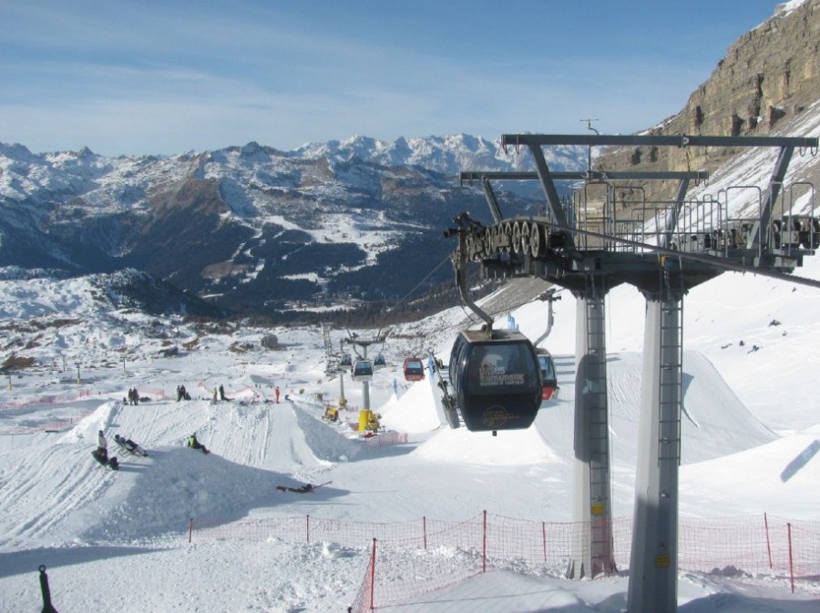 Sunny skies over the ski slopes and ski lifts in Madonna di Campiglio, Italy – Link to Weather to ski's full Weather & Snow Forecast, 23 January 2026