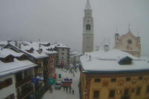 View of the snow-covered buildings and main street in Cortina d’Ampezzo in Italy – Link to Weather to ski's full "Today in the Alps" report on weather and snow in the Alps on 3 February 2026
