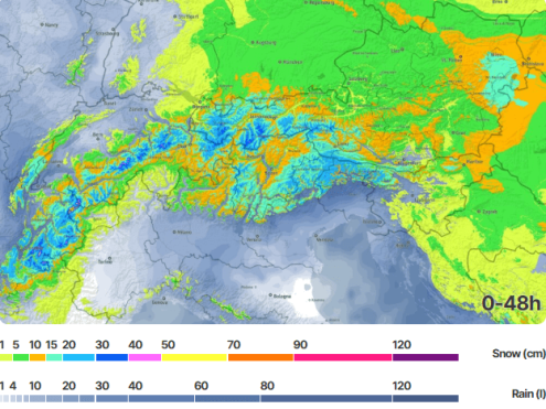 Bergfex chart showing forecast snowfall accumulations in the Alps between 19-20 February 2026 – Weather to ski – Today in the Alps, 19 February 2026