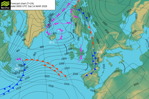 Met Office chart for midnight tonight (13 March 2026) showing a cold front approaching the Alps from the west and the first signs of a secondary low starting to form in the Golfe du Lion – Weather to ski – Snow forecast, 13 March 2026