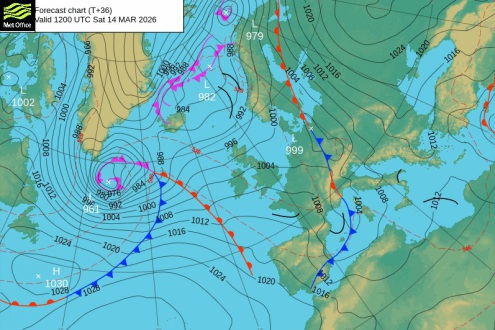 Met Office chart for 12pm on Saturday 14 March 2026 showing the near formation of a secondary low in the eastern Golfe du Lion – Weather to ski – Snow forecast, 13 March 2026