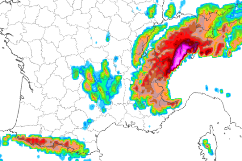 Meteociel chart showing predicted snowfall accumulations by the morning of 15 March 2026, with the brighter purple/pink colours showing the greatest falls – Link to Weather to ski's full Weather & Snow Forecast, 13 March 2026