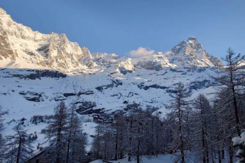 Cervinia and the Matterhorn viewed from a balcony of the Hotel Hermitage in Cervinia, Italy – Link to Weather to ski's full "Today in the Alps" report on weather and snow in the Alps on 23 March 2026