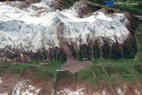 Copernicus Sentinel-2 image of the collapsed Birch glacier in Blatten-im-Lötschental, Switzerland, 30 May 2025
