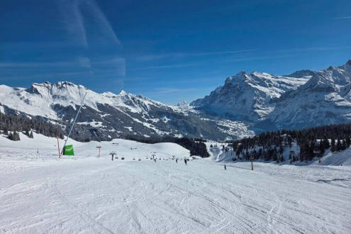 Mostly blue skies over snow-covered pistes in Wengen, Switzerland, on 28 March 2026, with Wetterhorn mountain in background – Weather to ski – Who got the most snow in the Alps in 2025-26?