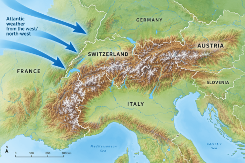 Map of the Alps showing Atlantic weather approaching from the west and north-west, with France, Switzerland, Italy and Austria labelled.