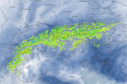 Bergfex weather chart showing widespread snowfall forecast on Thursday 8 October 2026 - Link to Weather to ski's report on Today in the Alps, 5 October 2026