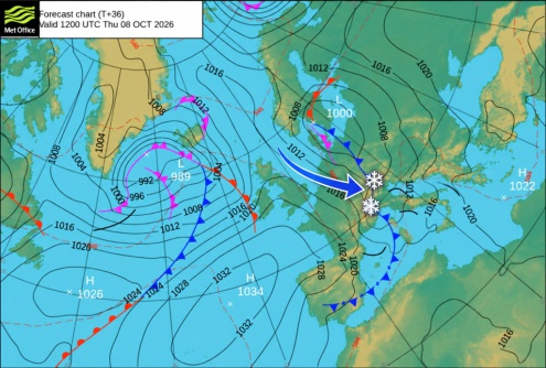 Met Office surface pressure chart for 8 October 2026 annotated to show the direction of the storm and location where location where snow is forecast to fall in the Alps - Link to Weather to ski's report on Today in the Alps, 7 October 2026
