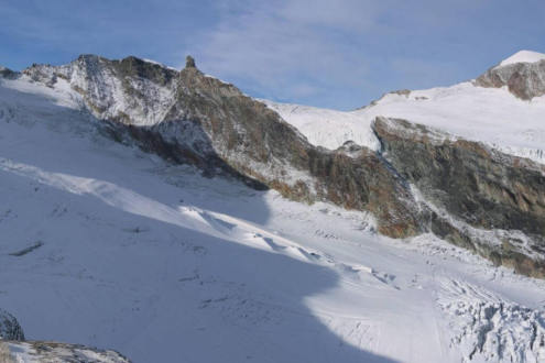 Blue skies above the glacier ski area in Saas-Fee, Switzerland, on 19 October 2026, where snow conditions are improved after fresh snow at the weekend